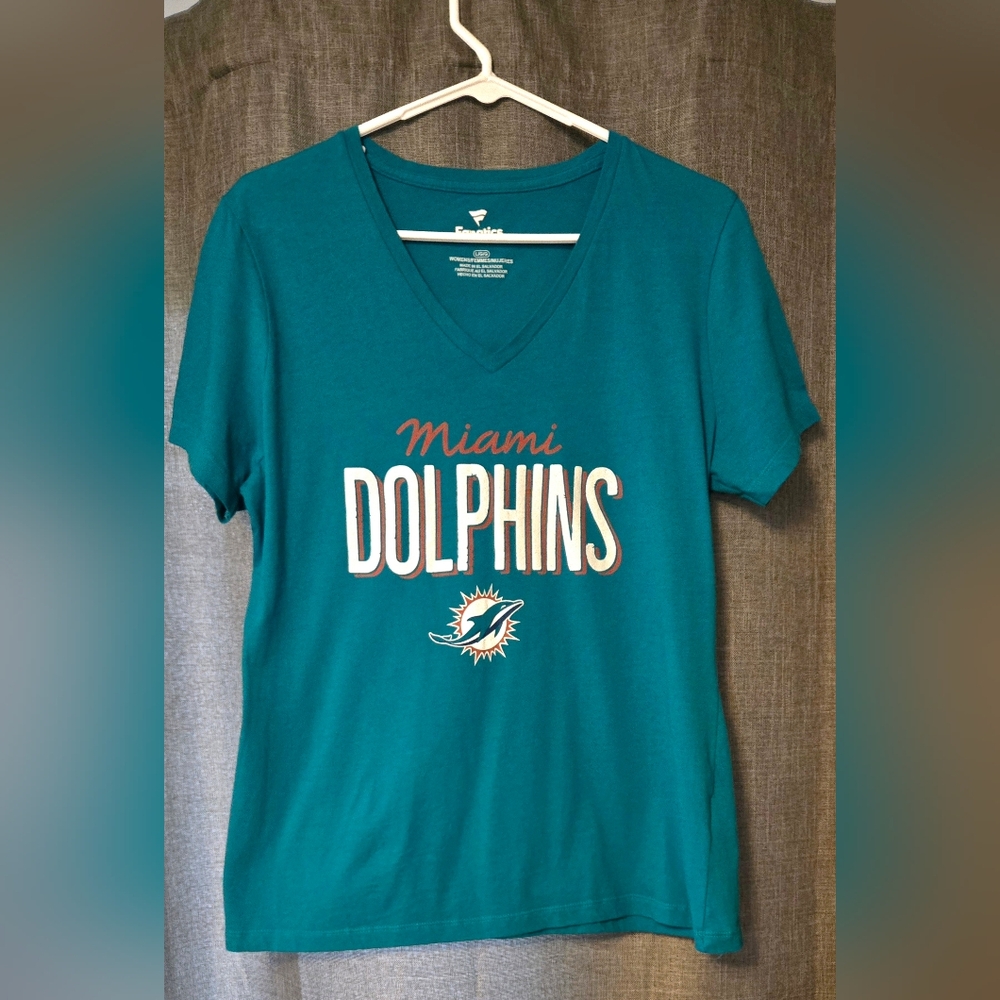 Miami Dolphins Women's Size L Fanatics - Aqua, Orange and White - V neck T shirt